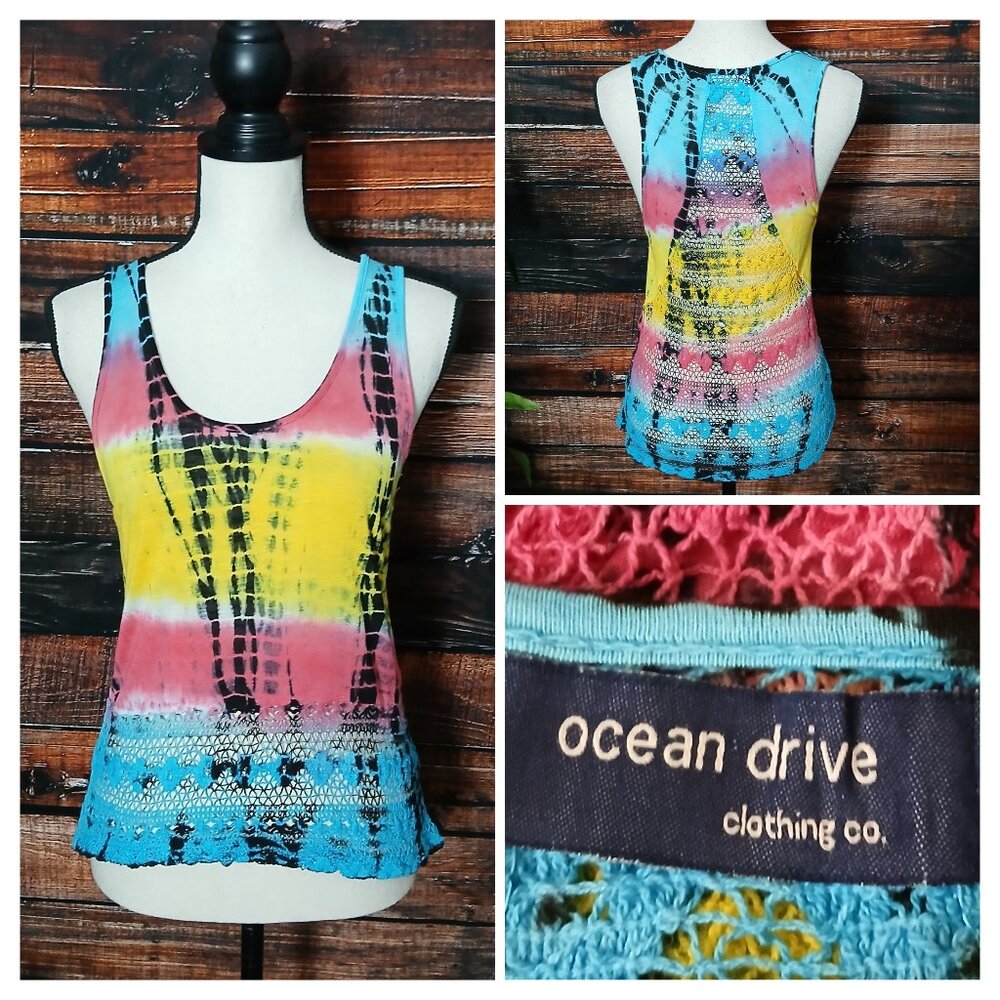 Ocean Drive Tank Top S Tie Dye Crochet Rayon Blend Boho Hippie Vintage Y2K